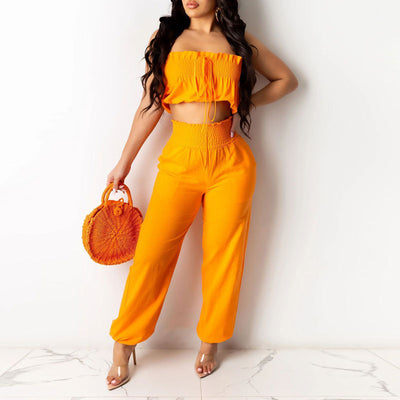 Solid Off Shoulder Tube Top & Loose Pants Set