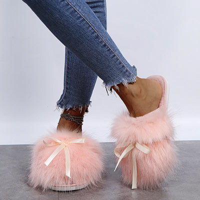 Solid Bowknot Decoration Fluffy Sandals