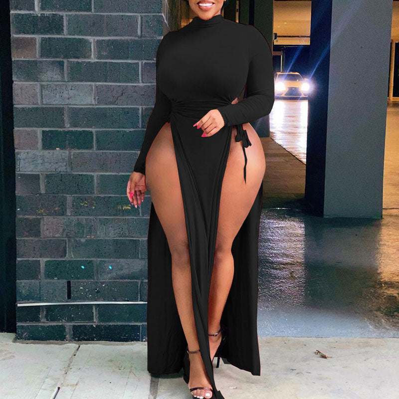 Solid Long Sleeve Drawstring  High Slit Dress