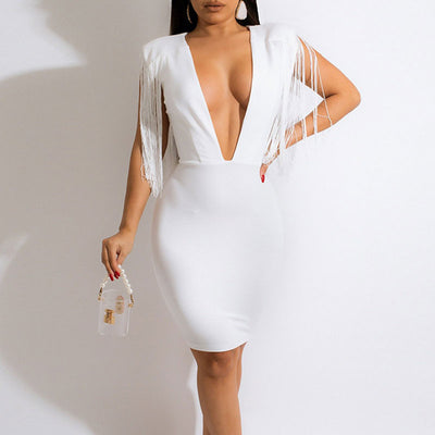 Solid Deep V-Neck Tassel Design Bodycon Dress