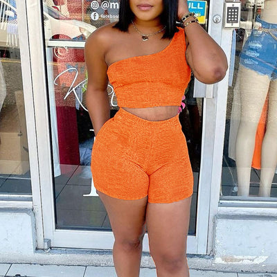 Solid Sleeveless One Shoulder Two Piece Shorts Set