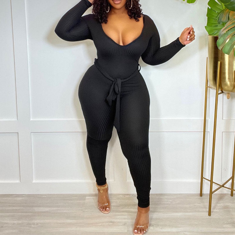 Solid Deep V-Neck Long Sleeve Belted Jumpsuit