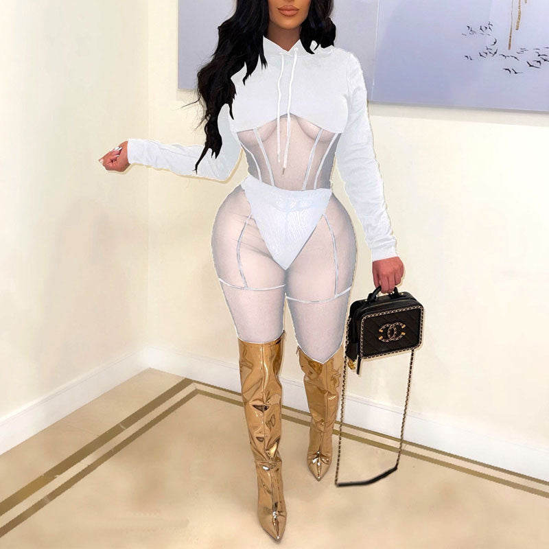 Solid Long Sleeve Sheer Mesh Patchwork Jumpsuit