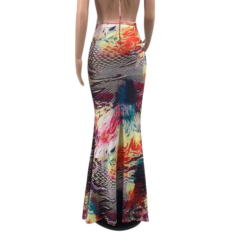 Print Halter Backless Cut Out Bandage Maxi Dress