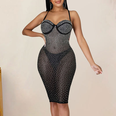 Rhinestone Sleeveless Sheer Mesh Bandage Bodycon Dress