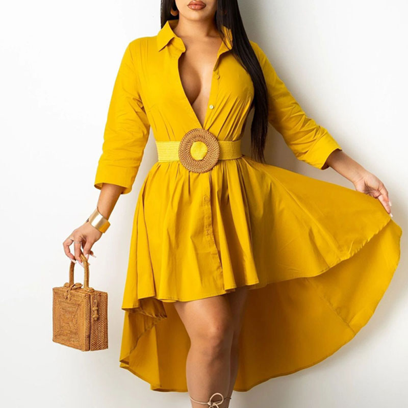 Solid Long Sleeve Button Detailed Belted Irregular Dress