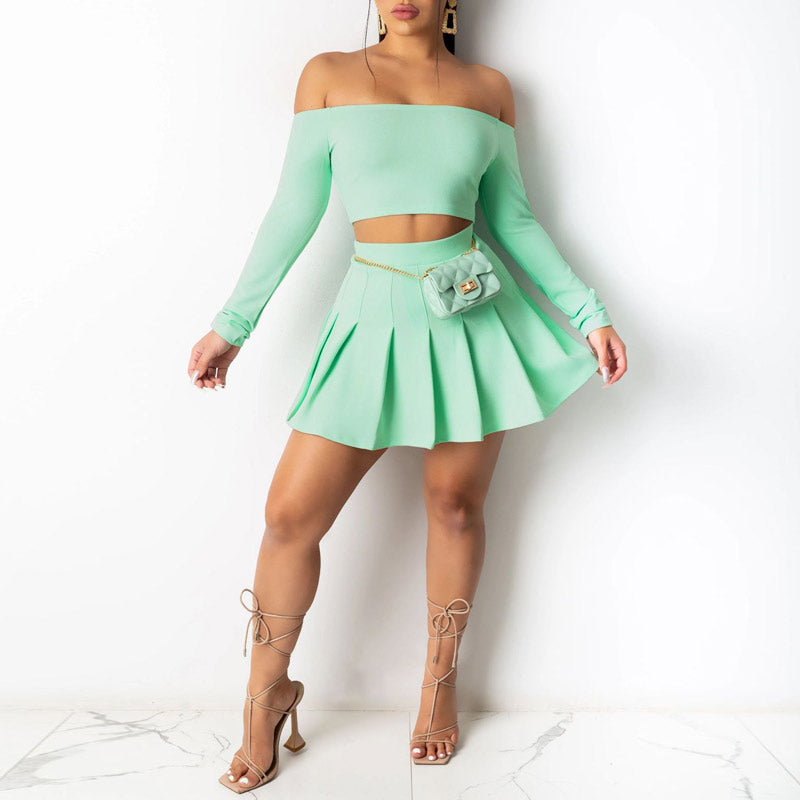 Off Shoulder Crop Top & Pleated Skirt Set