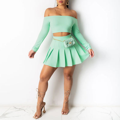 Off Shoulder Crop Top & Pleated Skirt Set