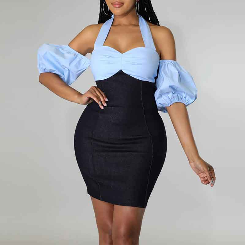 Colorblock Halter Puff Sleeve Bodycon Dress