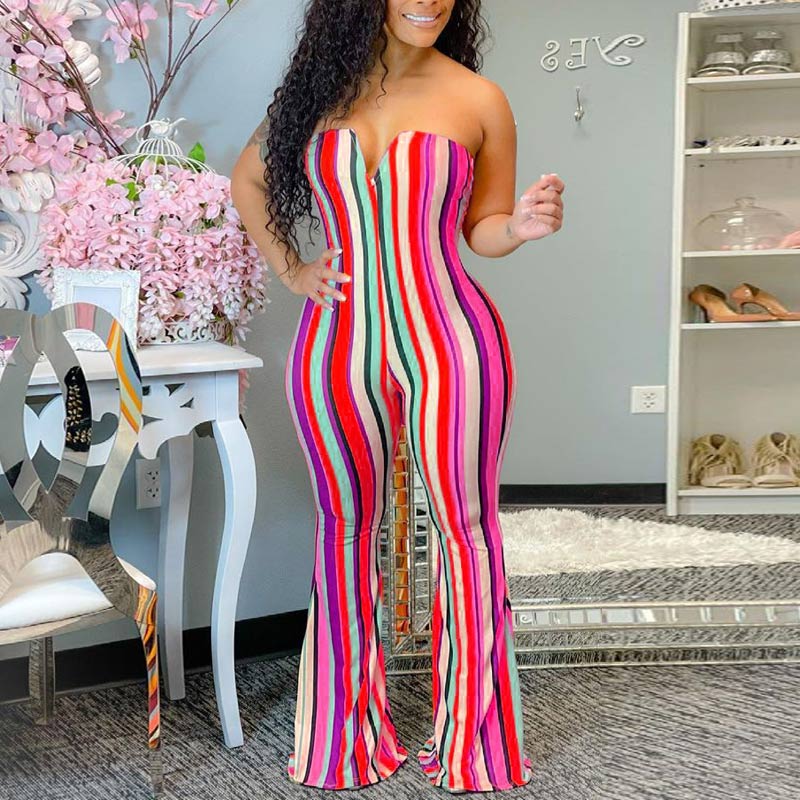 Stripe Patter Off Shoulder Bell Bottomed Jumpsuit