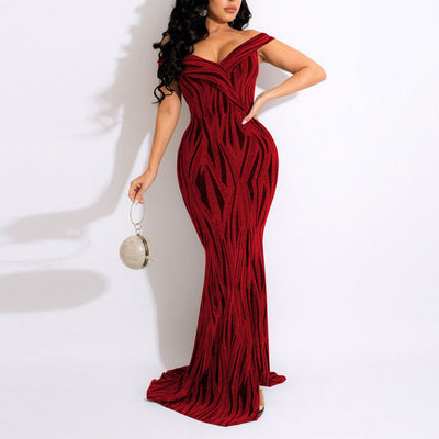 Glitter V-Neck Off Shoulder Maxi Dress