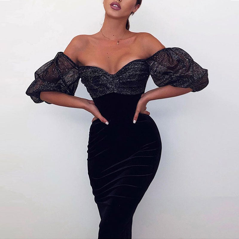 Glitter Off Shoulder Puff Sleeve Midi Dress