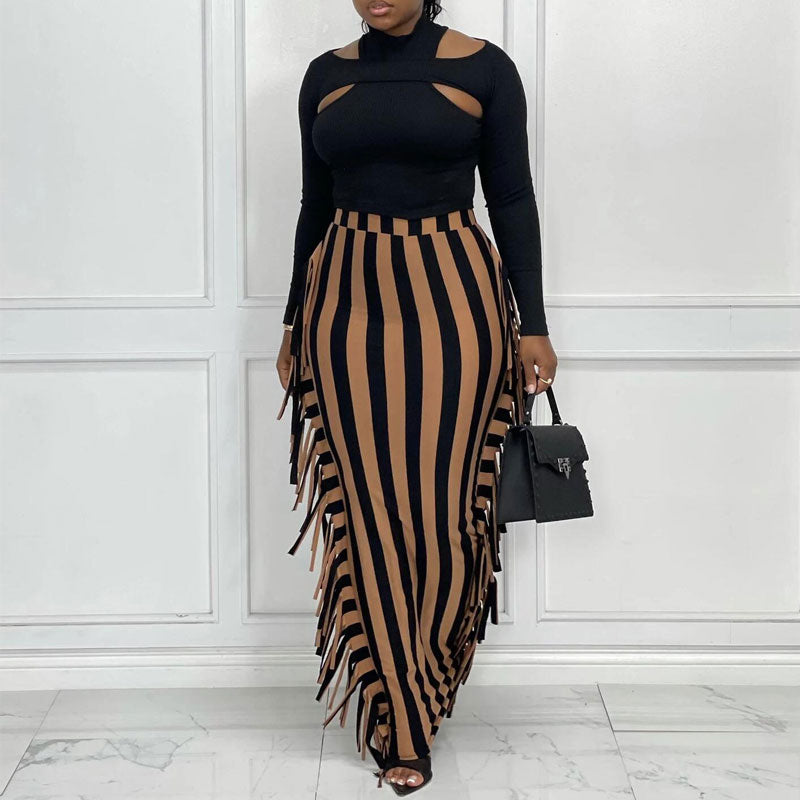 Striped Pattern High Waist Tassel Design Skirt