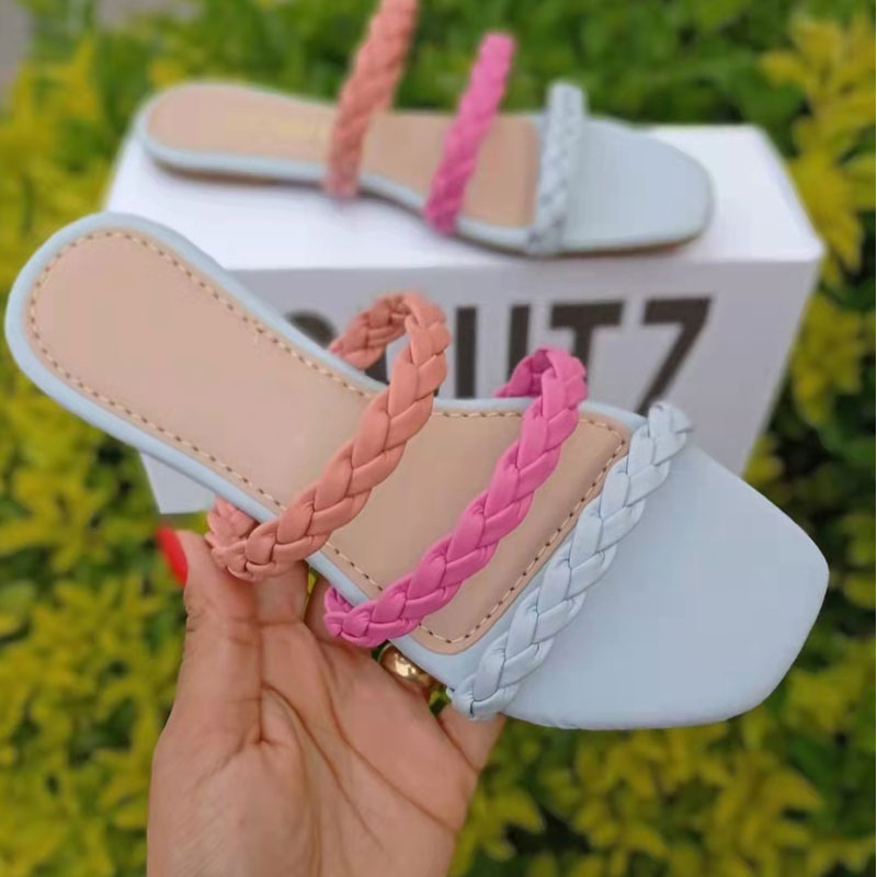 Colorful Square Toe Bradied Flat Sandals