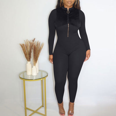 Velvet Patchwork Long Sleeve Zipper Design Jumpsuit