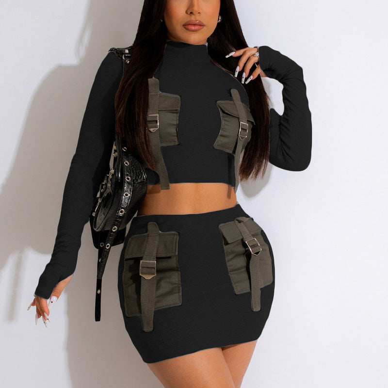 Solid Pocket Design Crop Top & Skirt Set