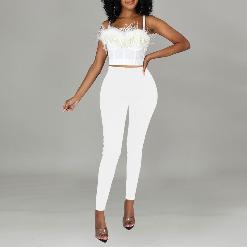 Beaded Feather Design Crop Top & Pants Set