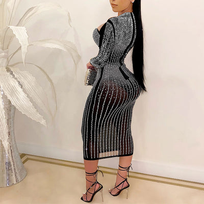 Rhinestone Long Sleeve Cut Out Sheer Mesh Midi Dress