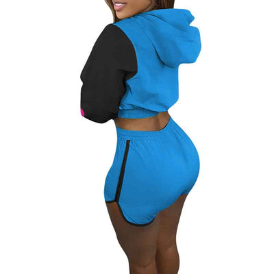 Colorblock Long Sleeve Hoodie Top & Shorts Set