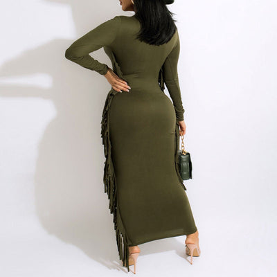 Solid Long Sleeve Tassel Design Maxi Dress