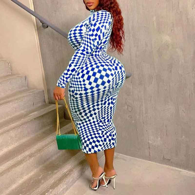 Print Long Sleeve Plus Size Midi Dress