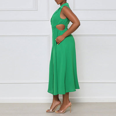 Solid V-Neck Sleeveless Cut Out Slit Maxi Dress