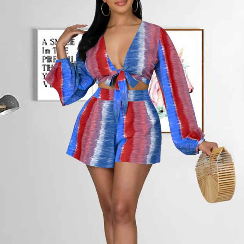 Print V-Neck Long Sleeve Tied Top & Shorts Set