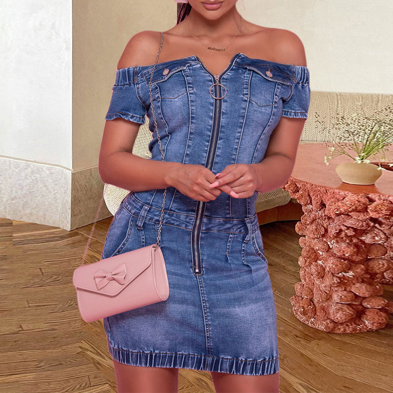 Solid Off Shoulder Zipper Design Denim Bodycon Dress