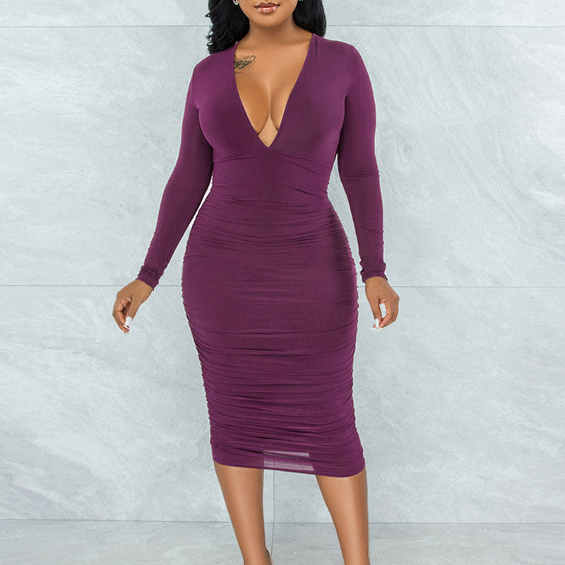 Solid Deep V-Neck Long Sleeve Midi Dress