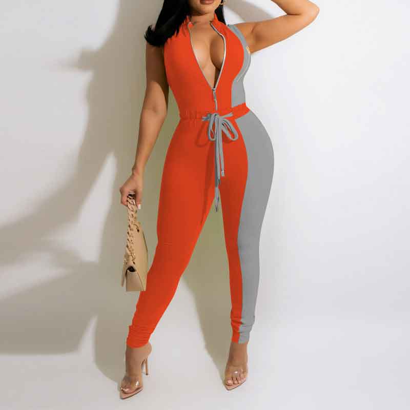 Colorblock Sleeveless Zipper Design Skinny Jumpsuit