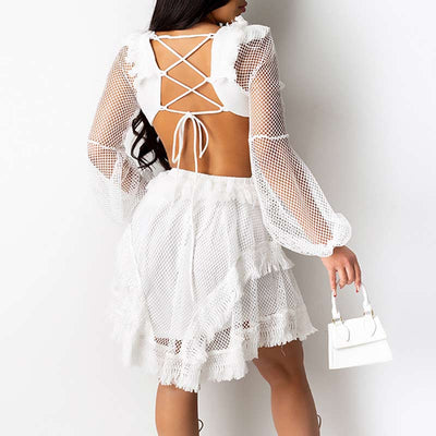 Solid Deep V-Neck Mesh Patchwork Cut Out Dress