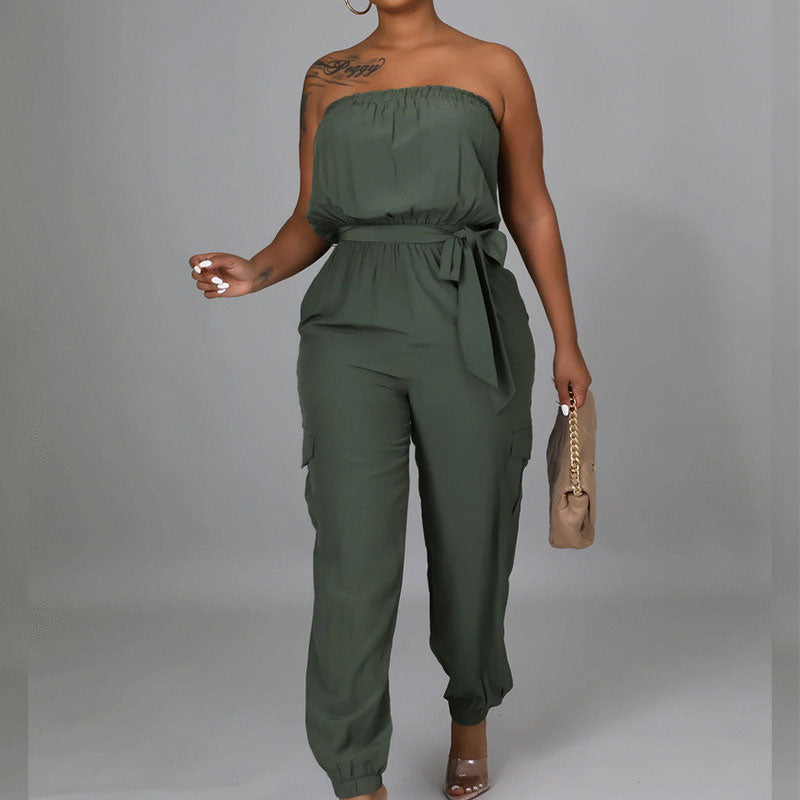 Solid Off Shoulder Belted Jumpsuit