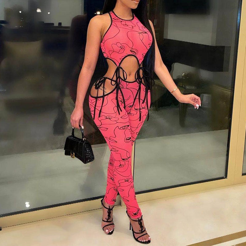 Print Sleeveless Cut Out Bangdage Jumpsuit