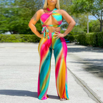 Colorblock Halter Crop Top & Pants Set