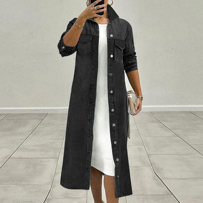 Solid Long Sleeve Button Detailed Denim Shirt Dress