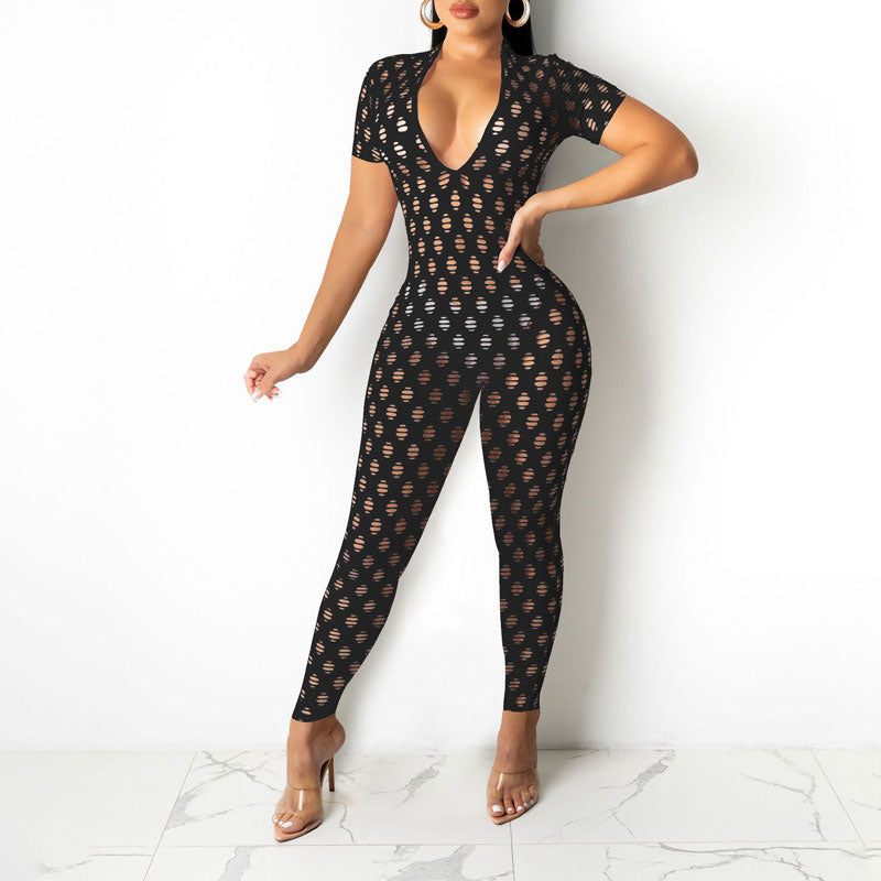 Solid Deep V-Neck Short Sleeve Hollow Out Jumpsuit