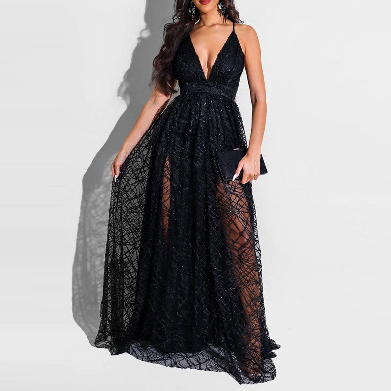 Sequins Deep V-Neck Sleeveless Mesh Maxi Dress