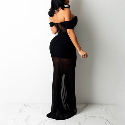 Solid Off Shoulder Sheer Mesh High Slit Dress