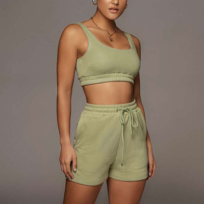 Solid Sleeveless Tube Top & Drawstring Shorts Set