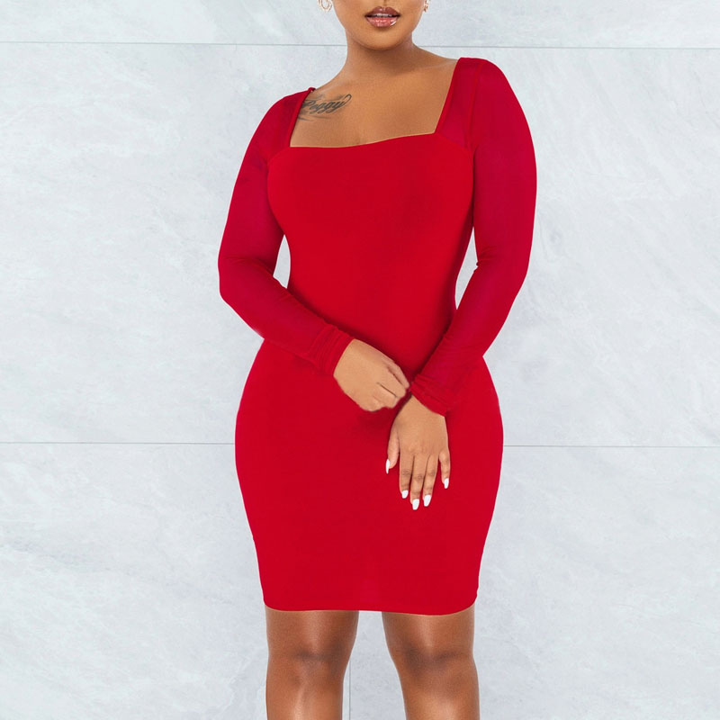 Solid Square Neck Long Sleeve Sheer Mesh Bodycon Dress