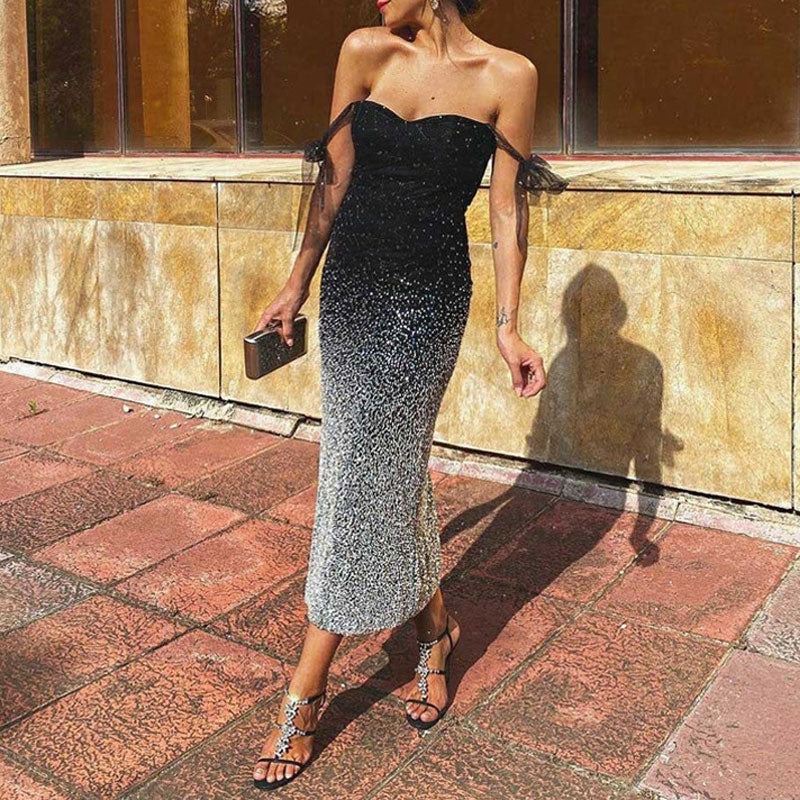 Gradient Color Sequins Off Shoulder Party Dress