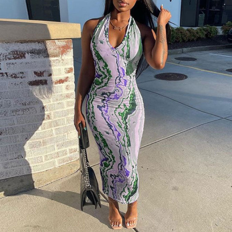 Print Halter Sleeveless Maxi Dress