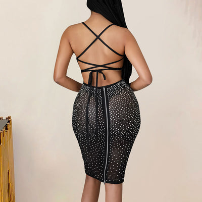 Rhinestone Sleeveless Sheer Mesh Bandage Bodycon Dress