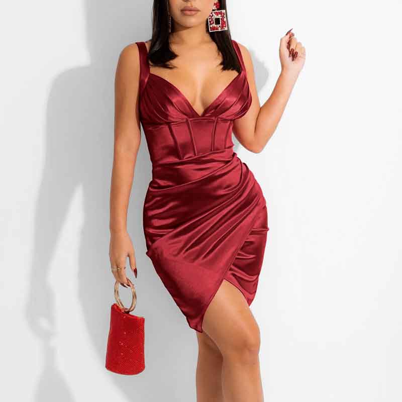 Solid Deep V-Neck Sleeveless Ruched Bodycon Dress