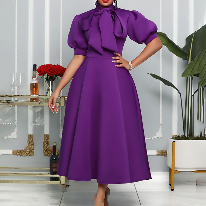 Solid Puff Sleeve Bowknot Decoration Pleated Maxi Dress