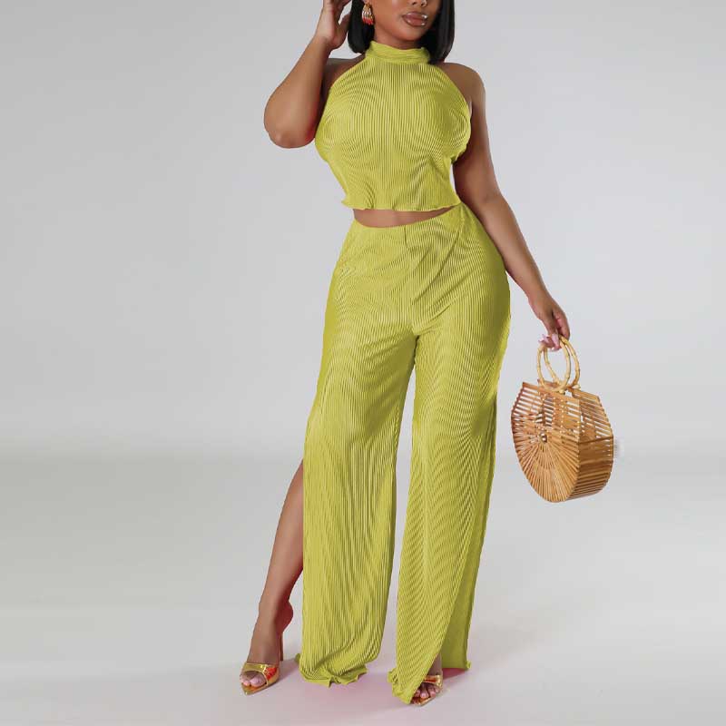 Solid Halter Backless Top & High Slit Pants Set