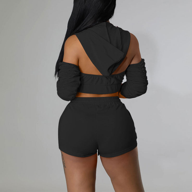 Solid Cold Shoulder Hoodie Crop Top & Shorts Set