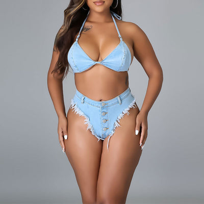 Solid Halter Fringe Hem Denim Two Piece Bikini Set