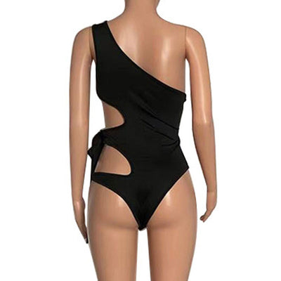 Solid One Shoulder Hollow Out Bowknot One Piece Swimsuit