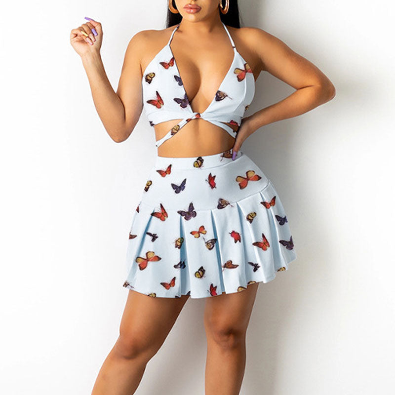 Flag Print Bandage Bra & Pleated Skirt Set